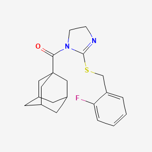 molecular formula C21H25FN2OS B2517650 1-Adamantyl-[2-[(2-fluorophenyl)methylsulfanyl]-4,5-dihydroimidazol-1-yl]methanone CAS No. 851806-68-3