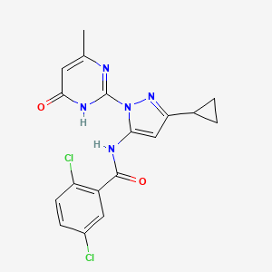 molecular formula C18H15Cl2N5O2 B2517657 2,5-dichloro-N-(3-cyclopropyl-1-(4-methyl-6-oxo-1,6-dihydropyrimidin-2-yl)-1H-pyrazol-5-yl)benzamide CAS No. 1203036-14-9
