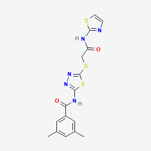 molecular formula C16H15N5O2S3 B2517658 3,5-dimethyl-N-(5-((2-oxo-2-(thiazol-2-ylamino)ethyl)thio)-1,3,4-thiadiazol-2-yl)benzamide CAS No. 392299-76-2