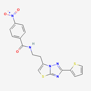 molecular formula C17H13N5O3S2 B2517673 4-nitro-N-(2-(2-(thiophen-2-yl)thiazolo[3,2-b][1,2,4]triazol-6-yl)ethyl)benzamide CAS No. 897612-47-4