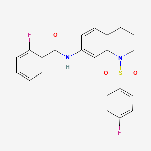 molecular formula C22H18F2N2O3S B2517690 2-fluoro-N-(1-((4-fluorophenyl)sulfonyl)-1,2,3,4-tetrahydroquinolin-7-yl)benzamide CAS No. 1005302-09-9