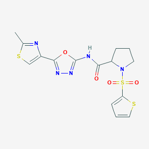 molecular formula C15H15N5O4S3 B2517775 N-(5-(2-methylthiazol-4-yl)-1,3,4-oxadiazol-2-yl)-1-(thiophen-2-ylsulfonyl)pyrrolidine-2-carboxamide CAS No. 1396578-05-4