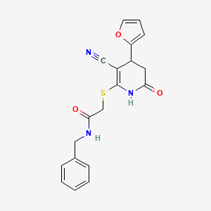 molecular formula C19H17N3O3S B2517880 N-benzyl-2-{[3-cyano-4-(furan-2-yl)-6-hydroxy-4,5-dihydropyridin-2-yl]sulfanyl}acetamide CAS No. 693240-77-6