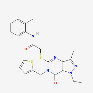 molecular formula C23H25N5O2S2 B2518193 2-((1-ethyl-3-methyl-7-oxo-6-(thiophen-2-ylmethyl)-6,7-dihydro-1H-pyrazolo[4,3-d]pyrimidin-5-yl)thio)-N-(2-ethylphenyl)acetamide CAS No. 1358375-23-1