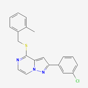 molecular formula C20H16ClN3S B2518202 2-(3-Chlorophenyl)-4-[(2-methylbenzyl)thio]pyrazolo[1,5-a]pyrazine CAS No. 1207012-19-8