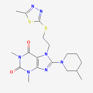 molecular formula C18H25N7O2S2 B2518204 1,3-Dimethyl-8-(3-methyl-1-piperidinyl)-7-[2-[(5-methyl-1,3,4-thiadiazol-2-yl)thio]ethyl]purine-2,6-dione CAS No. 850914-56-6
