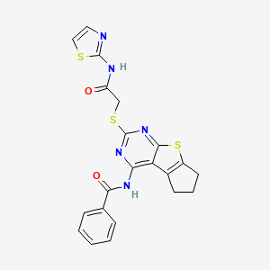 molecular formula C21H17N5O2S3 B2518216 2-[4-(phenylcarbonylamino)(5,6,7-trihydrocyclopenta[1,2-d]pyrimidino[4,5-b]thi ophen-2-ylthio)]-N-(1,3-thiazol-2-yl)acetamide CAS No. 615282-56-9