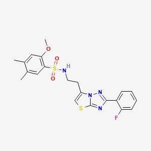 molecular formula C21H21FN4O3S2 B2518233 N-(2-(2-(2-fluorophenyl)thiazolo[3,2-b][1,2,4]triazol-6-yl)ethyl)-2-methoxy-4,5-dimethylbenzenesulfonamide CAS No. 951468-44-3