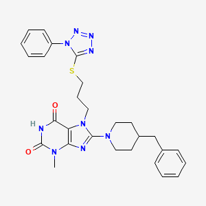 molecular formula C28H31N9O2S B2518241 8-(4-benzylpiperidin-1-yl)-3-methyl-7-(3-((1-phenyl-1H-tetrazol-5-yl)thio)propyl)-1H-purine-2,6(3H,7H)-dione CAS No. 672341-93-4