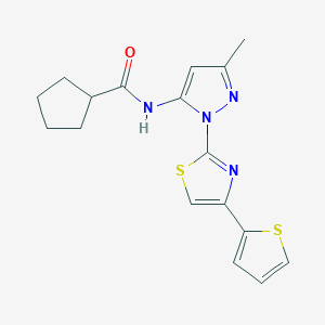 molecular formula C17H18N4OS2 B2518259 环戊烷甲酰胺-N-(3-甲基-1-(4-(噻吩-2-基)噻唑-2-基)-1H-吡唑-5-基) CAS No. 1170528-00-3