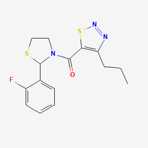 molecular formula C15H16FN3OS2 B2518265 (2-(2-Fluorophenyl)thiazolidin-3-yl)(4-propyl-1,2,3-thiadiazol-5-yl)methanone CAS No. 2034262-48-9