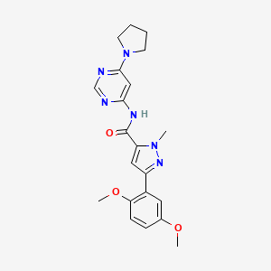 molecular formula C21H24N6O3 B2518285 3-(2,5-dimethoxyphenyl)-1-methyl-N-(6-(pyrrolidin-1-yl)pyrimidin-4-yl)-1H-pyrazole-5-carboxamide CAS No. 1396856-11-3