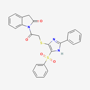molecular formula C25H19N3O4S2 B2518335 1-(2-((2-苯基-4-(苯磺酰基)-1H-咪唑-5-基)硫代)乙酰基)吲哚啉-2-酮 CAS No. 1021106-11-5