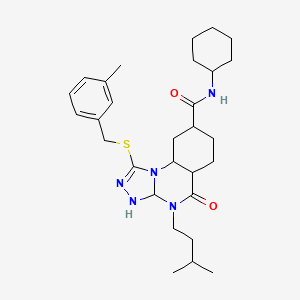 molecular formula C29H35N5O2S B2518371 N-cyclohexyl-4-(3-methylbutyl)-1-{[(3-methylphenyl)methyl]sulfanyl}-5-oxo-4H,5H-[1,2,4]triazolo[4,3-a]quinazoline-8-carboxamide CAS No. 2034377-89-2