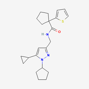 molecular formula C22H29N3OS B2518380 N-((1-环戊基-5-环丙基-1H-吡唑-3-基)甲基)-1-(噻吩-2-基)环戊基甲酰胺 CAS No. 1448057-94-0