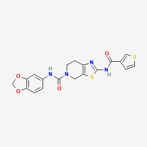 molecular formula C19H16N4O4S2 B2518423 N-(苯并[d][1,3]二氧杂环-5-基)-2-(噻吩-3-甲酰胺)-6,7-二氢噻唑并[5,4-c]吡啶-5(4H)-甲酰胺 CAS No. 1428362-97-3