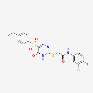 molecular formula C21H19ClFN3O4S2 B2518476 N-(3-氯-4-氟苯基)-2-((5-((4-异丙苯基)磺酰基)-6-氧代-1,6-二氢嘧啶-2-基)硫代)乙酰胺 CAS No. 892296-91-2