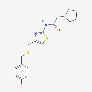 molecular formula C18H21FN2OS2 B2518546 2-cyclopentyl-N-(4-(((4-fluorobenzyl)thio)methyl)thiazol-2-yl)acetamide CAS No. 941885-11-6
