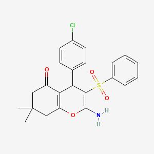 molecular formula C23H22ClNO4S B2518554 2-amino-3-(benzenesulfonyl)-4-(4-chlorophenyl)-7,7-dimethyl-6,8-dihydro-4H-chromen-5-one CAS No. 866137-52-2