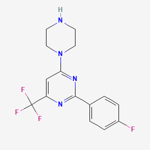 molecular formula C15H14F4N4 B2518566 2-(4-Fluorophenyl)-4-piperazin-1-yl-6-(trifluoromethyl)pyrimidine CAS No. 1443978-61-7