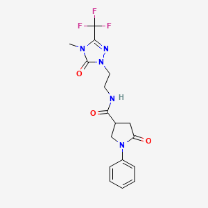 molecular formula C17H18F3N5O3 B2518595 N-(2-(4-methyl-5-oxo-3-(trifluoromethyl)-4,5-dihydro-1H-1,2,4-triazol-1-yl)ethyl)-5-oxo-1-phenylpyrrolidine-3-carboxamide CAS No. 1421529-04-5