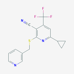 molecular formula C16H12F3N3S B2518618 6-环丙基-2-[(3-吡啶基甲基)硫代]-4-(三氟甲基)烟碱腈 CAS No. 893753-82-7