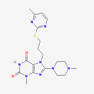 molecular formula C19H26N8O2S B2518685 3-methyl-8-(4-methylpiperazin-1-yl)-7-(3-((4-methylpyrimidin-2-yl)thio)propyl)-3,7-dihydro-1H-purine-2,6-dione CAS No. 872623-57-9