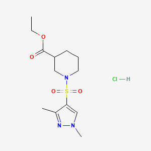 molecular formula C13H22ClN3O4S B2518703 ethyl 1-((1,3-dimethyl-1H-pyrazol-4-yl)sulfonyl)piperidine-3-carboxylate hydrochloride CAS No. 1323621-79-9