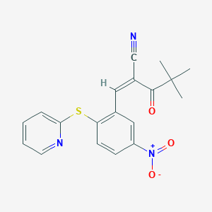molecular formula C19H17N3O3S B2518779 2-(2,2-Dimethylpropanoyl)-3-(5-nitro-2-(2-pyridylthio)phenyl)prop-2-enenitrile CAS No. 1025586-73-5