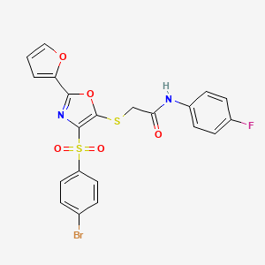 molecular formula C21H14BrFN2O5S2 B2518930 2-((4-((4-溴苯基)磺酰基)-2-(呋喃-2-基)恶唑-5-基)硫代)-N-(4-氟苯基)乙酰胺 CAS No. 686738-19-2