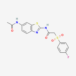 molecular formula C17H14FN3O4S2 B2518960 N-(6-乙酰氨基苯并[d]噻唑-2-基)-2-((4-氟苯基)磺酰基)乙酰胺 CAS No. 895468-70-9