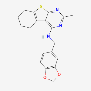 molecular formula C19H19N3O2S B2519038 N-[(2H-1,3-苯并二氧杂环-5-基)甲基]-5-甲基-8-硫杂-4,6-二氮杂三环[7.4.0.0^{2,7}]十三-1(9),2(7),3,5-四烯-3-胺 CAS No. 421561-49-1