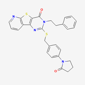 molecular formula C28H24N4O2S2 B2519044 2-((4-(2-oxopyrrolidin-1-yl)benzyl)thio)-3-phenethylpyrido[3',2':4,5]thieno[3,2-d]pyrimidin-4(3H)-one CAS No. 1242876-69-2