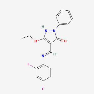 molecular formula C18H15F2N3O2 B2519072 4-[(2,4-difluoroanilino)methylene]-5-ethoxy-2-phenyl-2,4-dihydro-3H-pyrazol-3-one CAS No. 338750-95-1