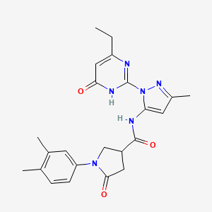 molecular formula C23H26N6O3 B2519088 1-(3,4-dimethylphenyl)-N-(1-(4-ethyl-6-oxo-1,6-dihydropyrimidin-2-yl)-3-methyl-1H-pyrazol-5-yl)-5-oxopyrrolidine-3-carboxamide CAS No. 1005974-91-3