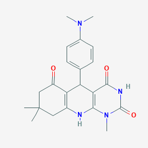 molecular formula C22H26N4O3 B2519095 5-(4-(dimethylamino)phenyl)-1,8,8-trimethyl-7,8,9,10-tetrahydropyrimido[4,5-b]quinoline-2,4,6(1H,3H,5H)-trione CAS No. 868214-72-6
