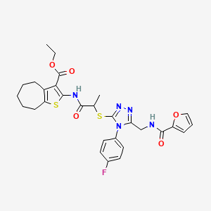 molecular formula C29H30FN5O5S2 B2519138 ethyl 2-[2-[[4-(4-fluorophenyl)-5-[(furan-2-carbonylamino)methyl]-1,2,4-triazol-3-yl]sulfanyl]propanoylamino]-5,6,7,8-tetrahydro-4H-cyclohepta[b]thiophene-3-carboxylate CAS No. 393817-18-0