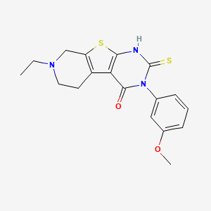 molecular formula C18H19N3O2S2 B2519155 11-Ethyl-4-(3-methoxyphenyl)-5-sulfanyl-8-thia-4,6,11-triazatricyclo[7.4.0.0^{2,7}]trideca-1(9),2(7),5-trien-3-one CAS No. 847744-39-2