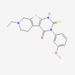 molecular formula C18H19N3O2S2 B2519155 11-Ethyl-4-(3-methoxyphenyl)-5-sulfanyl-8-thia-4,6,11-triazatricyclo[7.4.0.0,2,7]trideca-1(9),2(7),5-trien-3-one CAS No. 847744-39-2