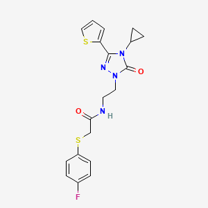 molecular formula C19H19FN4O2S2 B2519177 N-(2-(4-cyclopropyl-5-oxo-3-(thiophen-2-yl)-4,5-dihydro-1H-1,2,4-triazol-1-yl)ethyl)-2-((4-fluorophenyl)thio)acetamide CAS No. 1448043-94-4