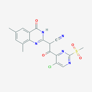 molecular formula C18H14ClN5O4S B2519214 3-(5-Chloro-2-methanesulfonylpyrimidin-4-yl)-2-(6,8-dimethyl-4-oxo-3,4-dihydroquinazolin-2-yl)-3-oxopropanenitrile CAS No. 328032-43-5