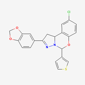 molecular formula C21H15ClN2O3S B2519246 2-(benzo[d][1,3]dioxol-5-yl)-9-chloro-5-(thiophen-3-yl)-5,10b-dihydro-1H-benzo[e]pyrazolo[1,5-c][1,3]oxazine CAS No. 899973-34-3
