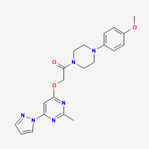 molecular formula C21H24N6O3 B2519265 1-(4-(4-methoxyphenyl)piperazin-1-yl)-2-((2-methyl-6-(1H-pyrazol-1-yl)pyrimidin-4-yl)oxy)ethanone CAS No. 1421474-33-0