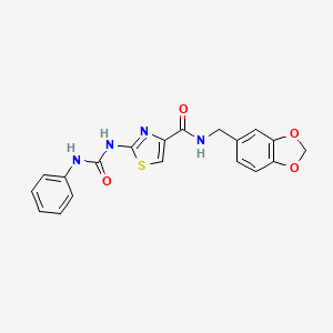 molecular formula C19H16N4O4S B2519303 N-(benzo[d][1,3]dioxol-5-ylmethyl)-2-(3-phenylureido)thiazole-4-carboxamide CAS No. 941968-42-9