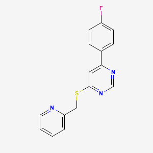 molecular formula C16H12FN3S B2519315 4-(4-Fluorophenyl)-6-((pyridin-2-ylmethyl)thio)pyrimidine CAS No. 1226439-49-1