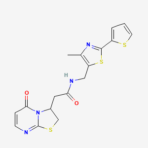 molecular formula C17H16N4O2S3 B2519437 N-((4-methyl-2-(thiophen-2-yl)thiazol-5-yl)methyl)-2-(5-oxo-3,5-dihydro-2H-thiazolo[3,2-a]pyrimidin-3-yl)acetamide CAS No. 1705217-47-5