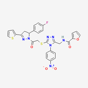 molecular formula C29H22FN7O5S2 B2519477 N-((5-((2-(5-(4-fluorophenyl)-3-(thiophen-2-yl)-4,5-dihydro-1H-pyrazol-1-yl)-2-oxoethyl)thio)-4-(4-nitrophenyl)-4H-1,2,4-triazol-3-yl)methyl)furan-2-carboxamide CAS No. 393586-16-8