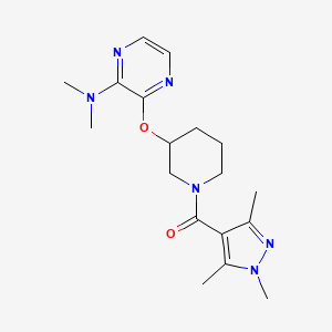 molecular formula C18H26N6O2 B2519517 (3-((3-(dimethylamino)pyrazin-2-yl)oxy)piperidin-1-yl)(1,3,5-trimethyl-1H-pyrazol-4-yl)methanone CAS No. 2034503-06-3
