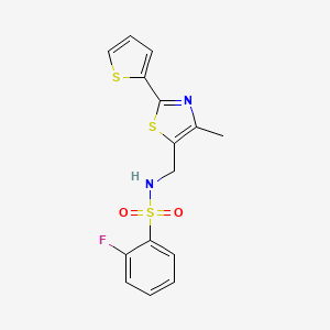 molecular formula C15H13FN2O2S3 B2519524 2-fluoro-N-((4-methyl-2-(thiophen-2-yl)thiazol-5-yl)methyl)benzenesulfonamide CAS No. 1396860-15-3
