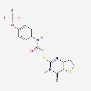 molecular formula C17H16F3N3O3S2 B2519545 2-({3,6-dimethyl-4-oxo-3H,4H,6H,7H-thieno[3,2-d]pyrimidin-2-yl}sulfanyl)-N-[4-(trifluoromethoxy)phenyl]acetamide CAS No. 688353-42-6